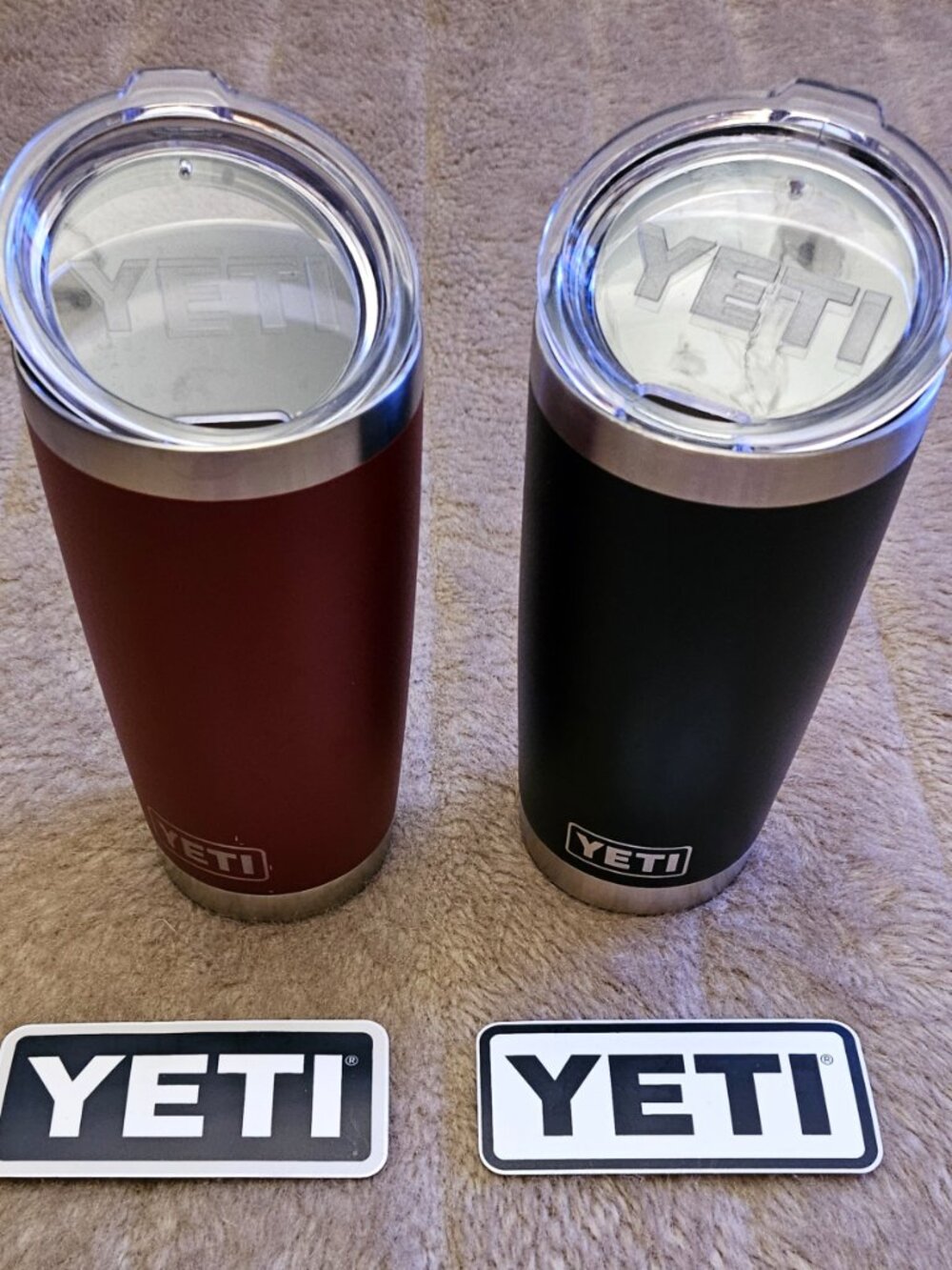 As new Set of TWO Yeti 20 ounce rambler mugs with sip lids and original stickers